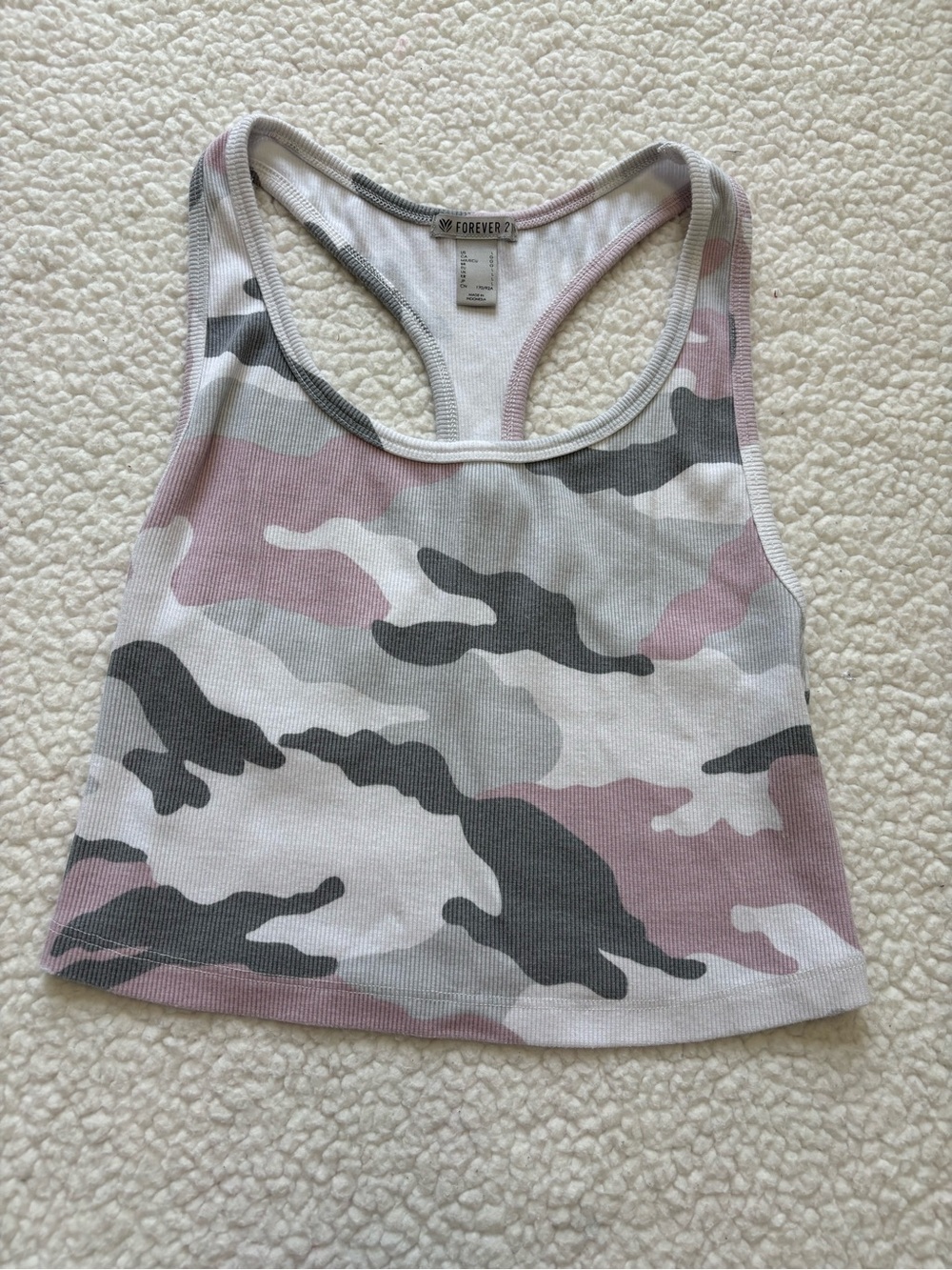 Y2K Pastel Pink Camouflage Ribbed Racerback cropped Top Sz Large Goblincore cozy